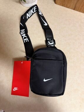 Nike Black Crossbody Bag with White Swoosh and Logo Strap